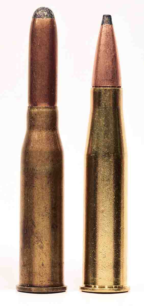 The 8x56R Hungarian (right) is a more powerful cartridge than the original 8x50R Austrian (left). The Hungarian round was loaded with a 208-grain spitzer bullet and was originally designed for the Solothurn machine gun.